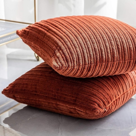 Set 2 Rust Burnt Orange Soft Corduroy Stripe Pillow Covers Pillows New - Picture 5 of 8